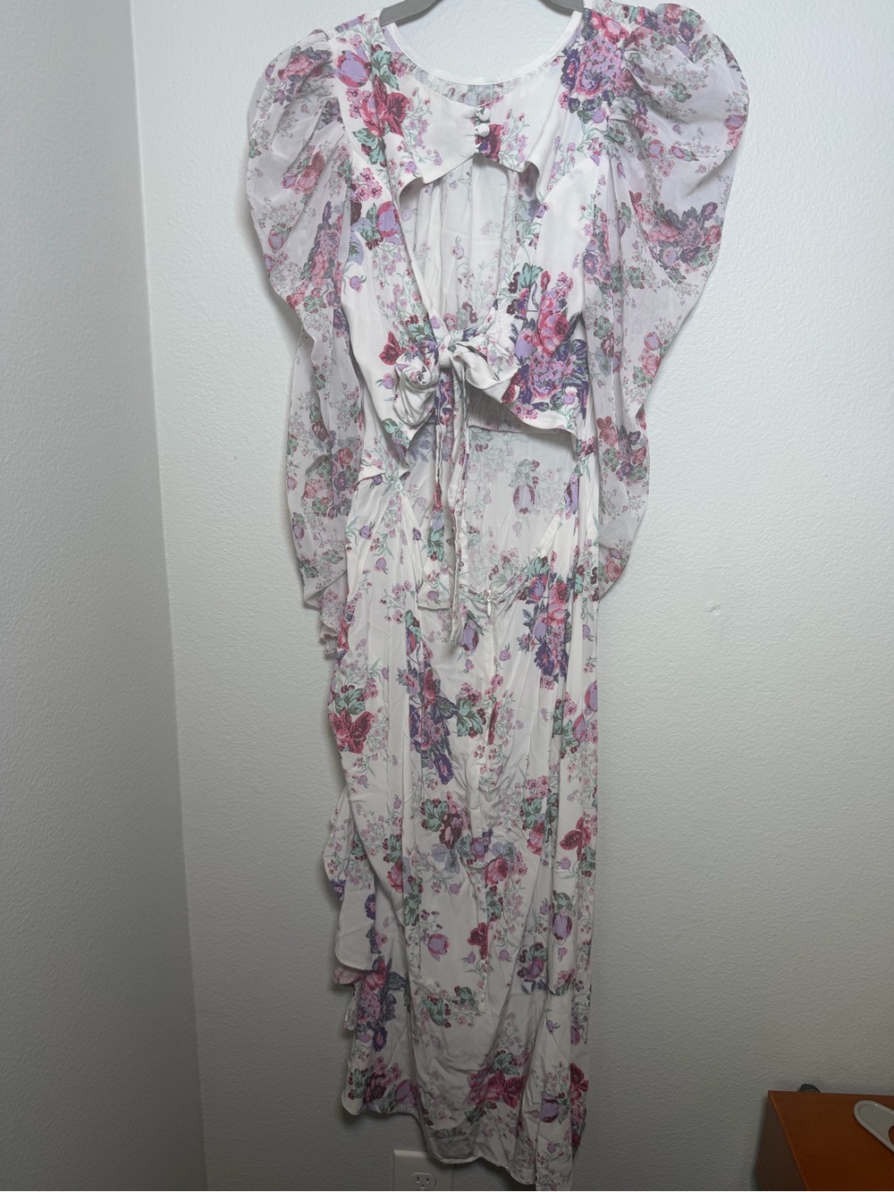 For Love & Lemons White Midi w/ Pink & Purple Floral Print Ruching & Open Back S - Picture 8 of 14